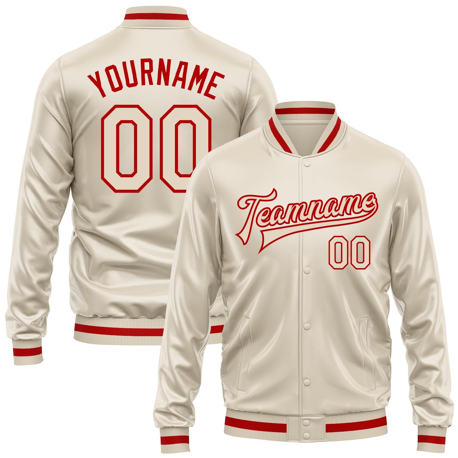 Custom Cream Cream-Red Bomber Full-Snap Varsity Faux Leather Letterman Jacket - Main View