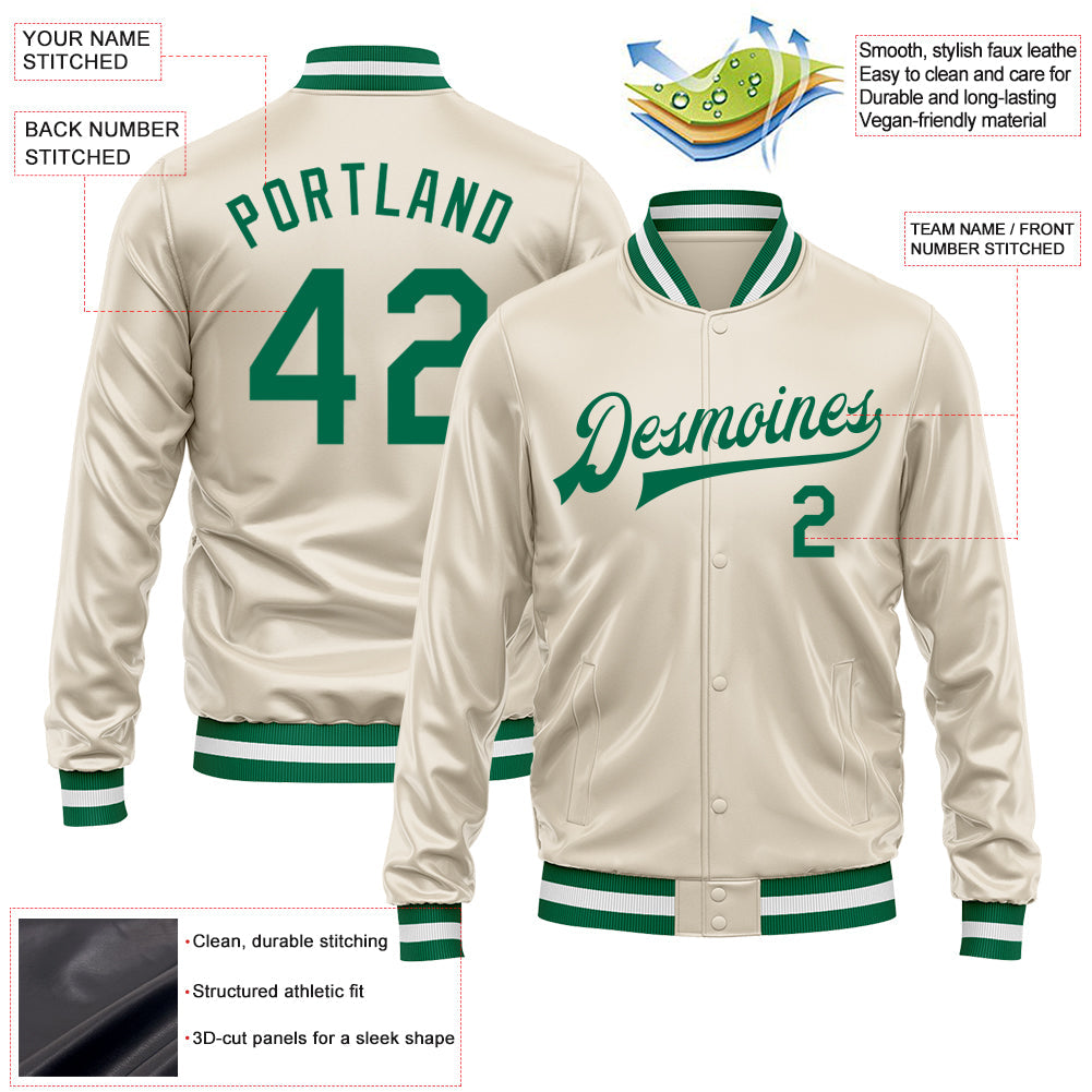 Custom Cream Kelly Green Bomber Full-Snap Varsity Faux Leather Letterman Jacket view 2