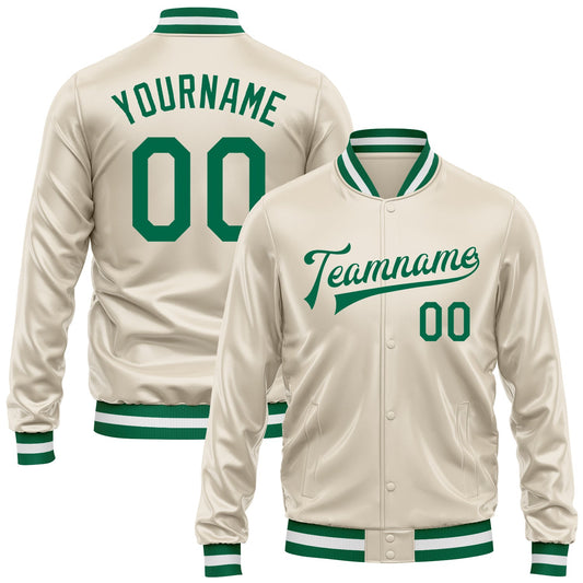 Custom Cream Kelly Green Bomber Full-Snap Varsity Faux Leather Letterman Jacket - Main View