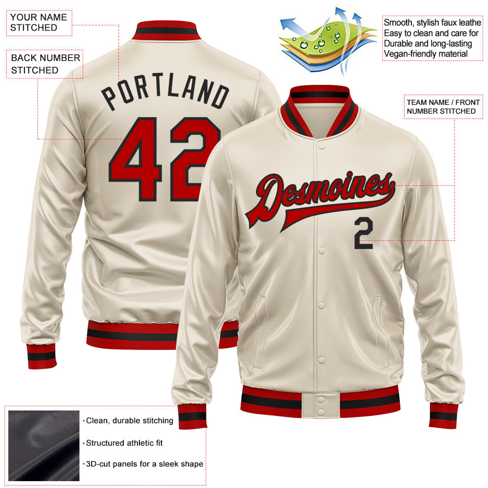 Custom Cream Red-Black Bomber Full-Snap Varsity Faux Leather Letterman Jacket view 2
