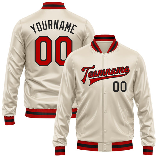 Custom Cream Red-Black Bomber Full-Snap Varsity Faux Leather Letterman Jacket - Main View