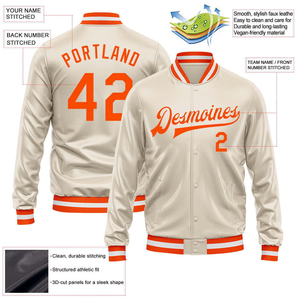 Custom Cream Orange Bomber Full-Snap Varsity Faux Leather Letterman Jacket view 2