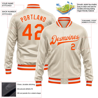 Custom Cream Orange Bomber Full-Snap Varsity Faux Leather Letterman Jacket view 2