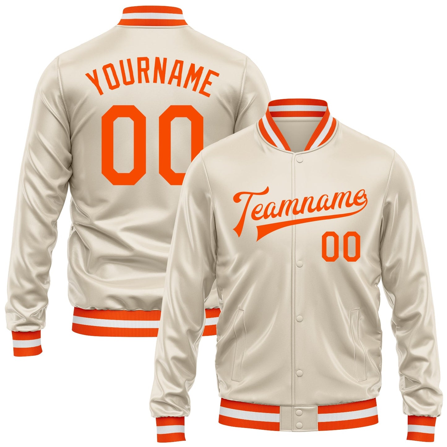 Custom Cream Orange Bomber Full-Snap Varsity Faux Leather Letterman Jacket - Main View