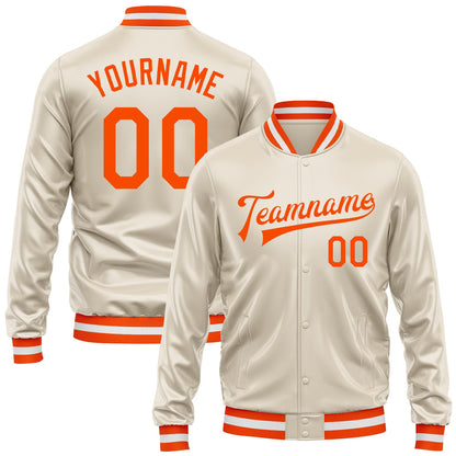Custom Cream Orange Bomber Full-Snap Varsity Faux Leather Letterman Jacket - Main View
