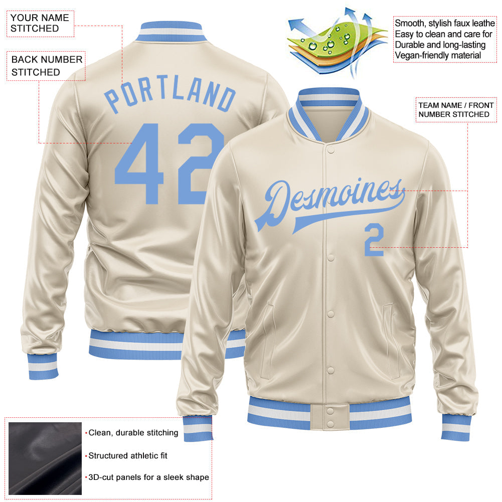 Custom Cream Light Blue Bomber Full-Snap Varsity Faux Leather Letterman Jacket view 2