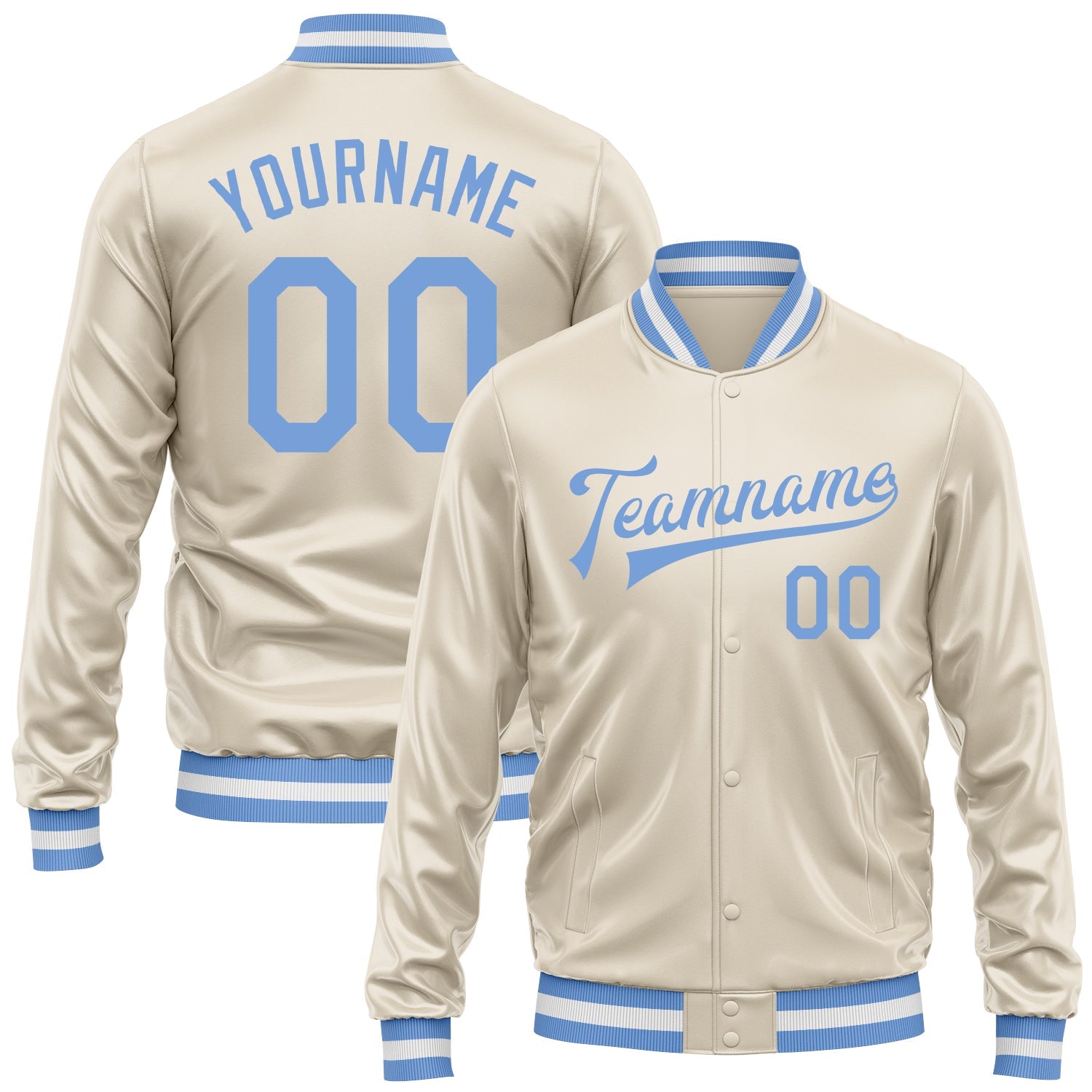 Custom Cream Light Blue Bomber Full-Snap Varsity Faux Leather Letterman Jacket - Main View