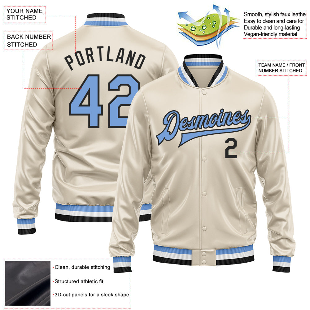Custom Cream Light Blue-Black Bomber Full-Snap Varsity Faux Leather Letterman Jacket view 2