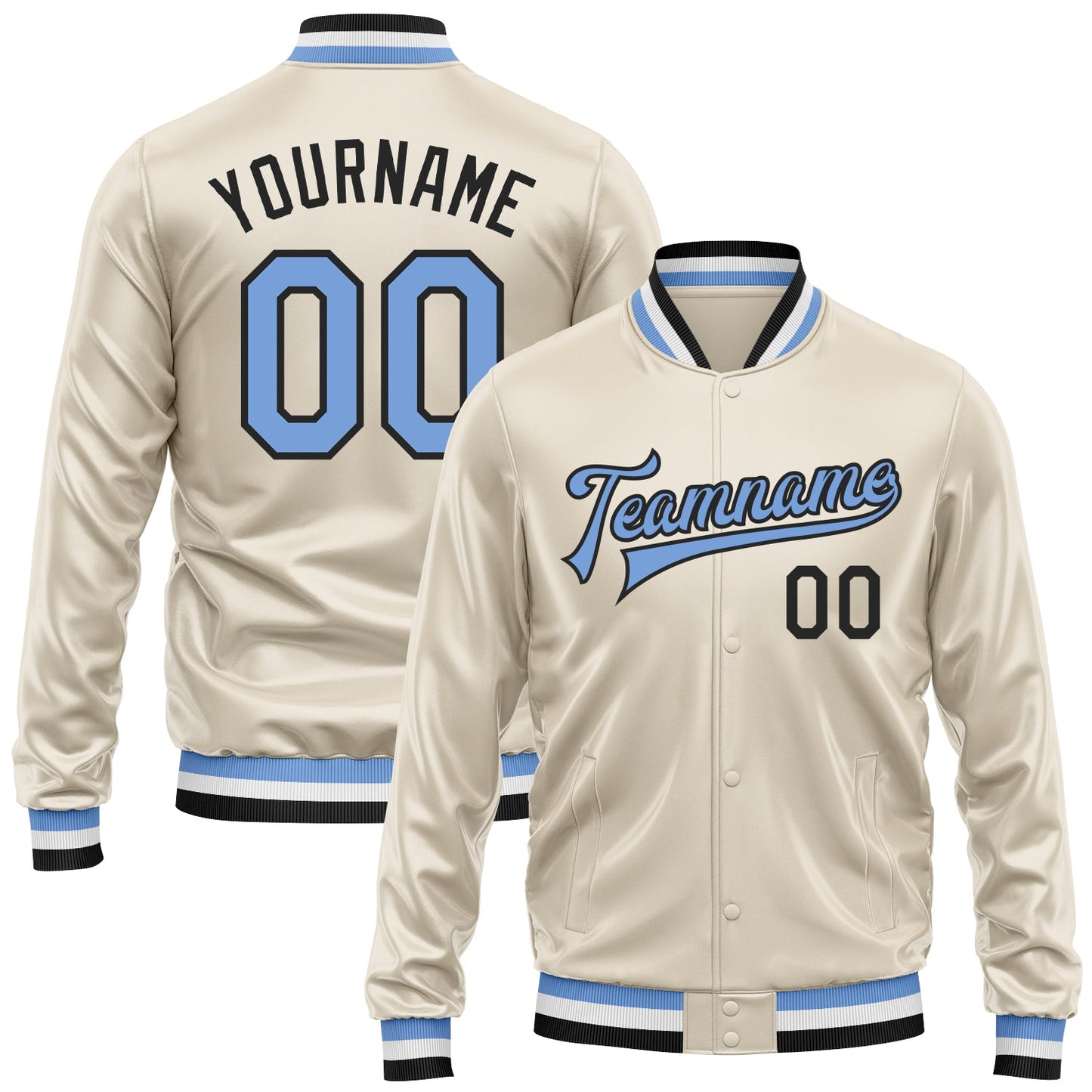 Custom Cream Light Blue-Black Bomber Full-Snap Varsity Faux Leather Letterman Jacket - Main View