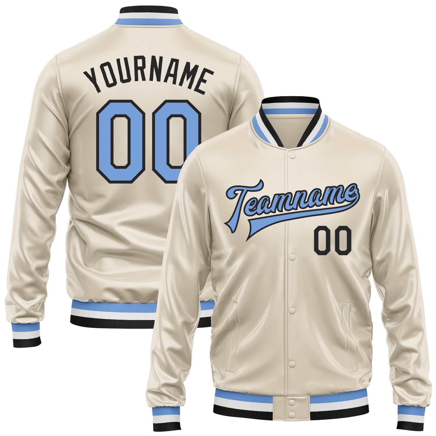 Custom Cream Light Blue-Black Bomber Full-Snap Varsity Faux Leather Letterman Jacket - Main View