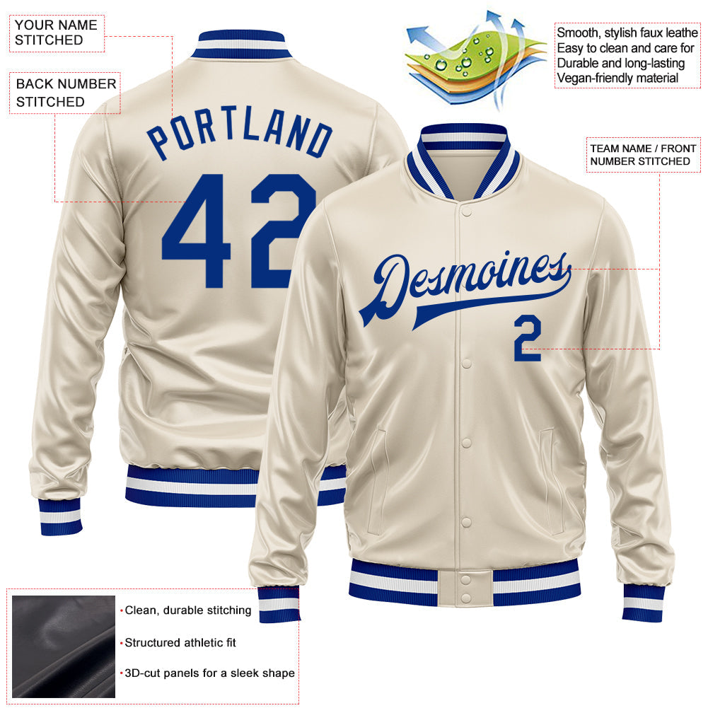 Custom Cream Royal Bomber Full-Snap Varsity Faux Leather Letterman Jacket view 2