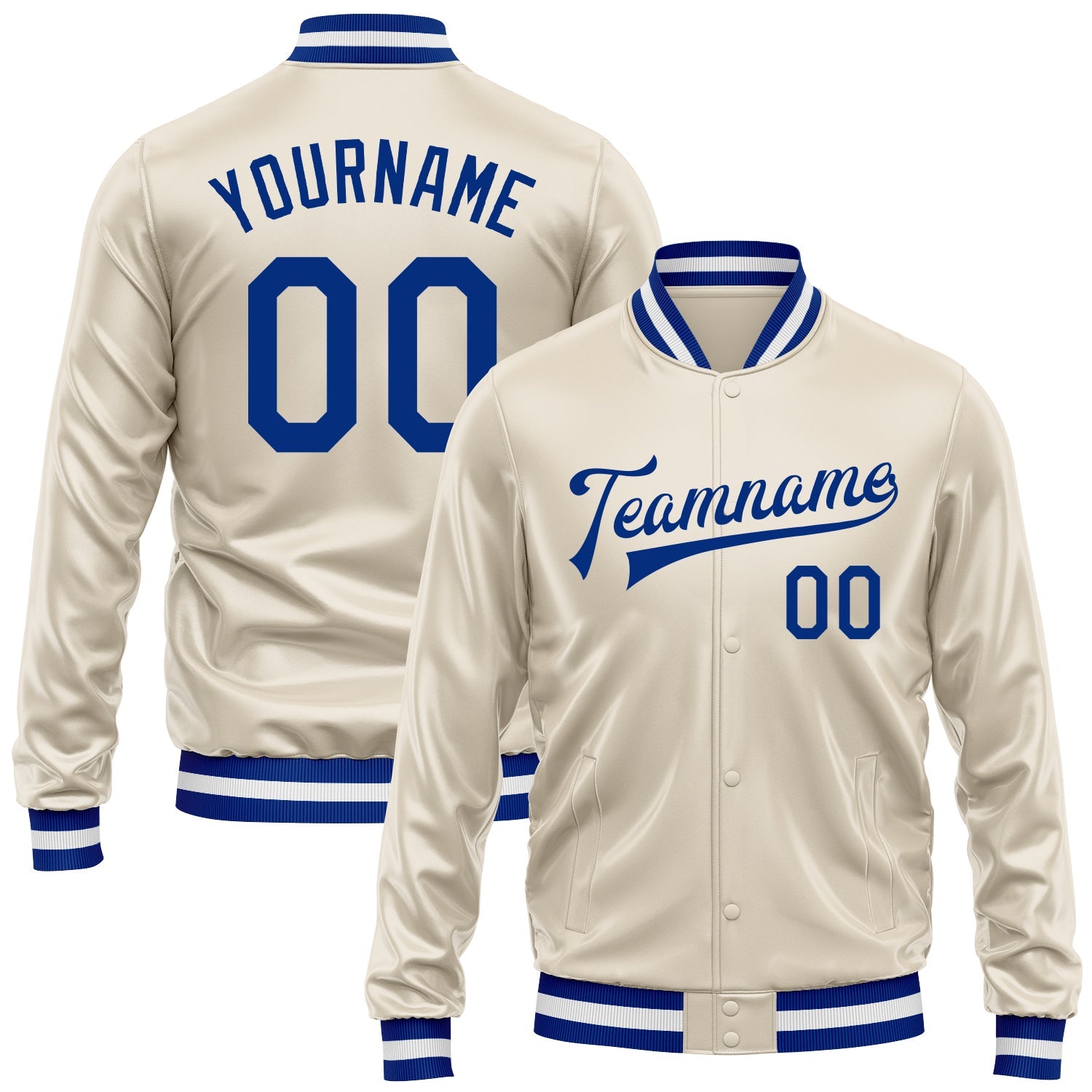 Custom Cream Royal Bomber Full-Snap Varsity Faux Leather Letterman Jacket - Main View