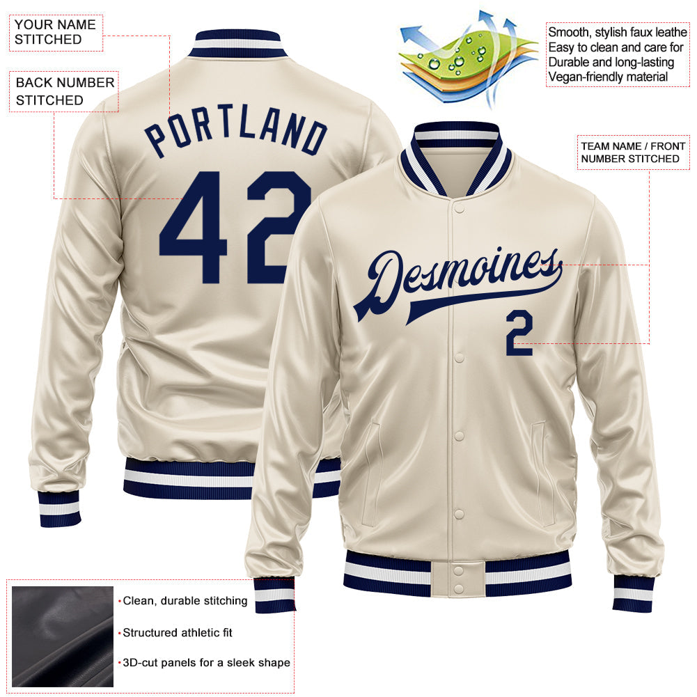 Custom Cream Navy Bomber Full-Snap Varsity Faux Leather Letterman Jacket view 2