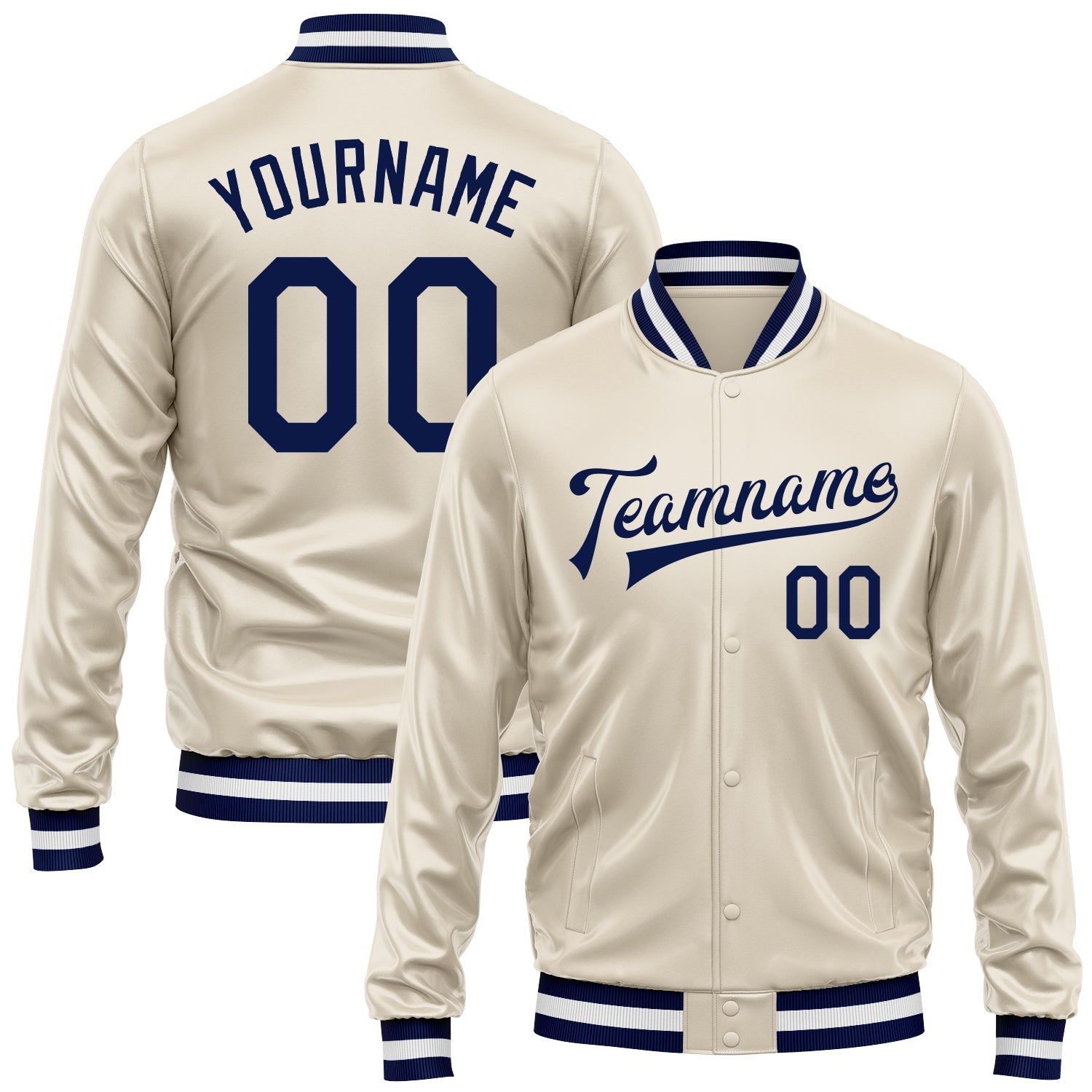 Custom Cream Navy Bomber Full-Snap Varsity Faux Leather Letterman Jacket - Main View