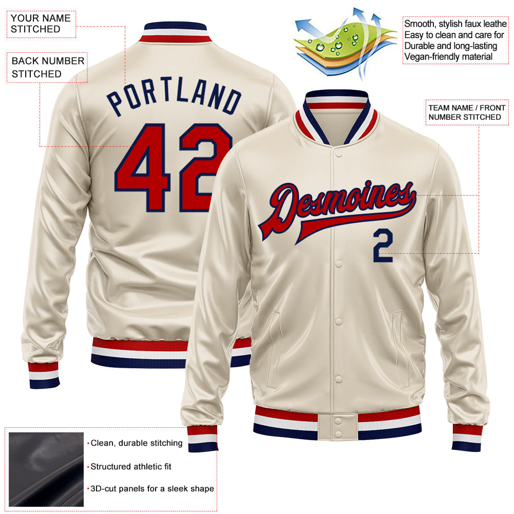 Custom Cream Red-Navy Bomber Full-Snap Varsity Faux Leather Letterman Jacket view 2