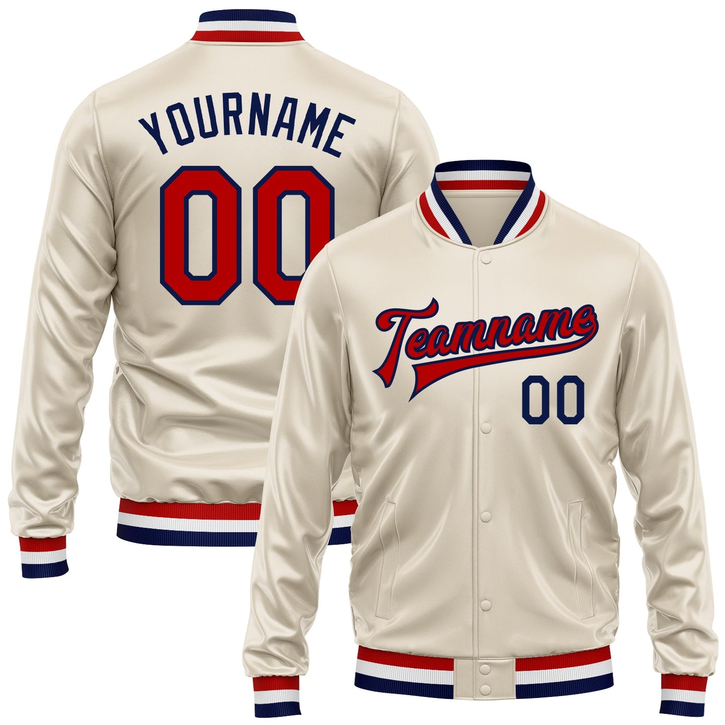 Custom Cream Red-Navy Bomber Full-Snap Varsity Faux Leather Letterman Jacket - Main View