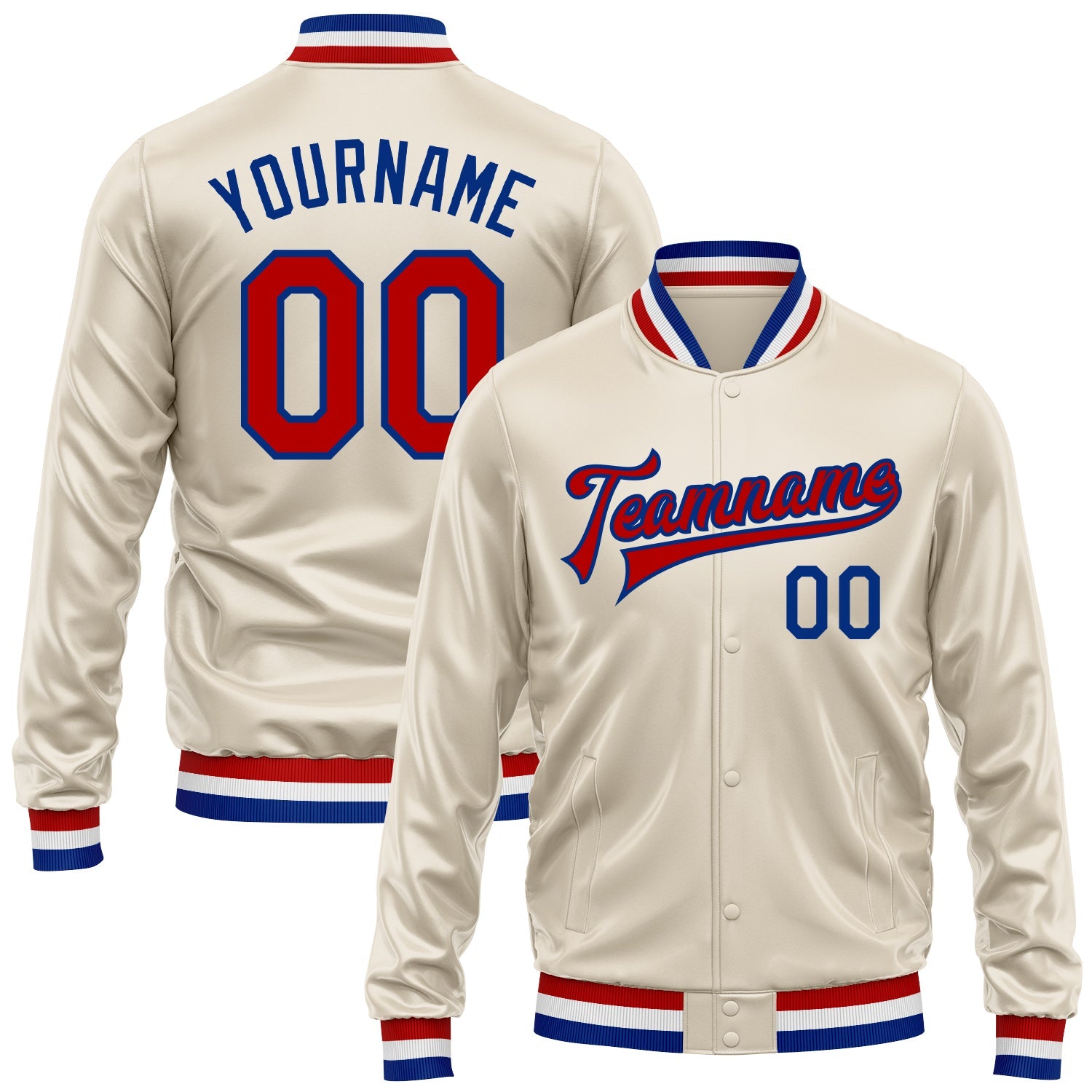Custom Cream Red-Royal Bomber Full-Snap Varsity Faux Leather Letterman Jacket - Main View