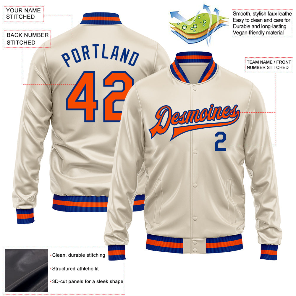 Custom Cream Orange-Royal Bomber Full-Snap Varsity Faux Leather Letterman Jacket view 2