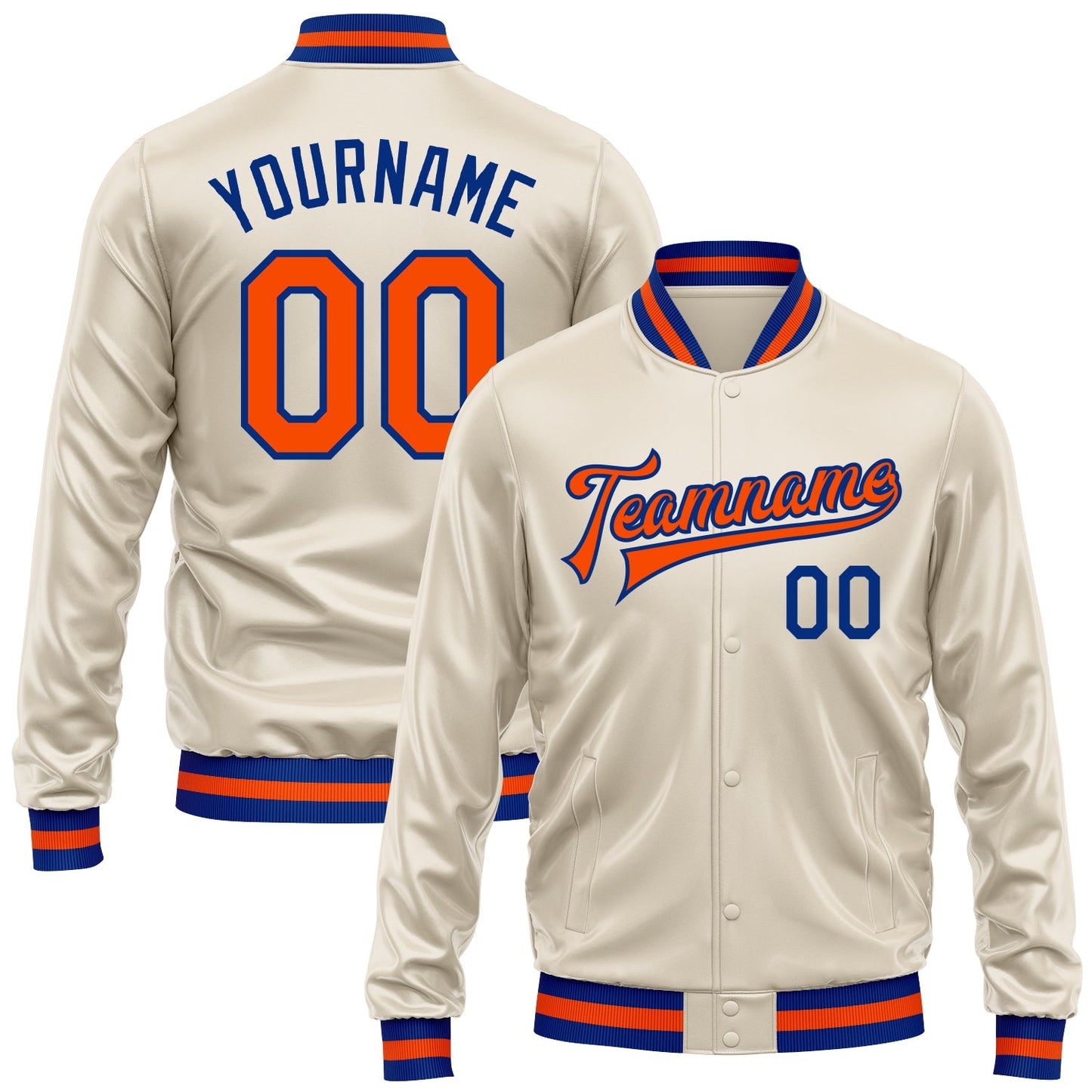 Custom Cream Orange-Royal Bomber Full-Snap Varsity Faux Leather Letterman Jacket - Main View