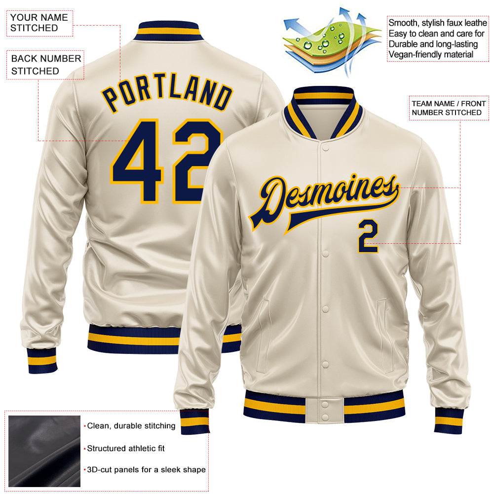 Custom Cream Navy-Gold Bomber Full-Snap Varsity Faux Leather Letterman Jacket view 2