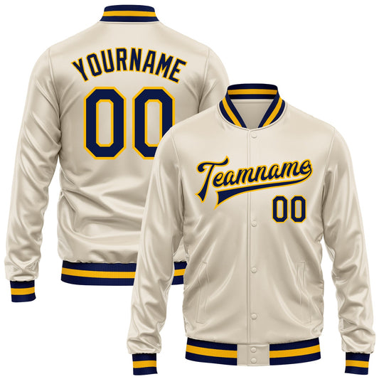 Custom Cream Navy-Gold Bomber Full-Snap Varsity Faux Leather Letterman Jacket - Main View