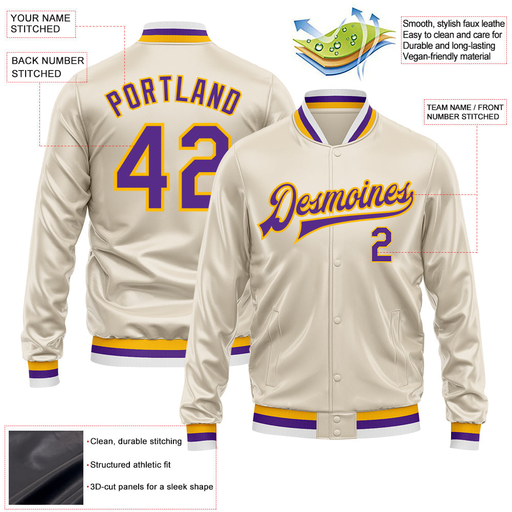 Custom Cream Purple-Gold Bomber Full-Snap Varsity Faux Leather Letterman Jacket view 2
