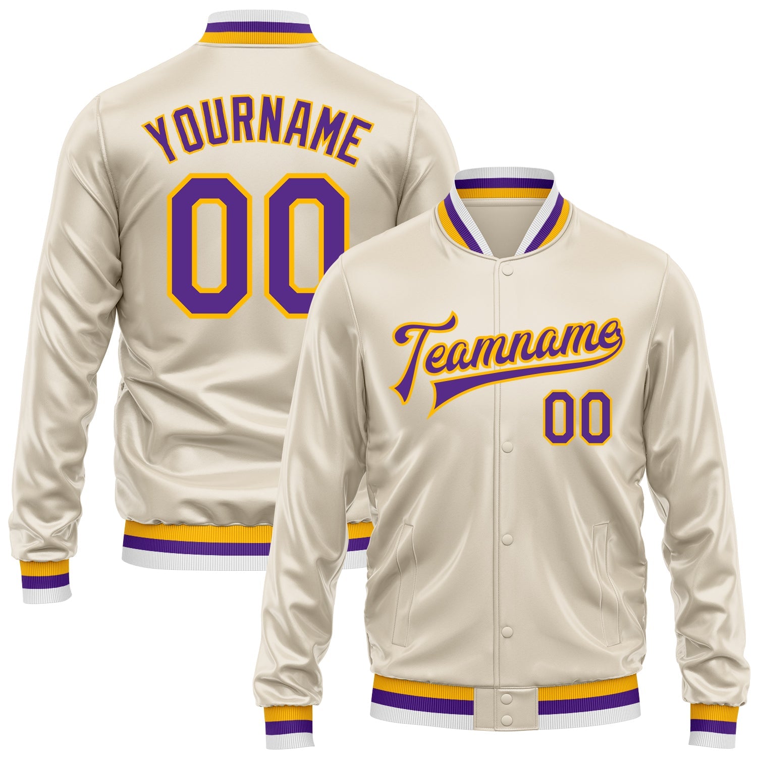 Custom Cream Purple-Gold Bomber Full-Snap Varsity Faux Leather Letterman Jacket - Main View
