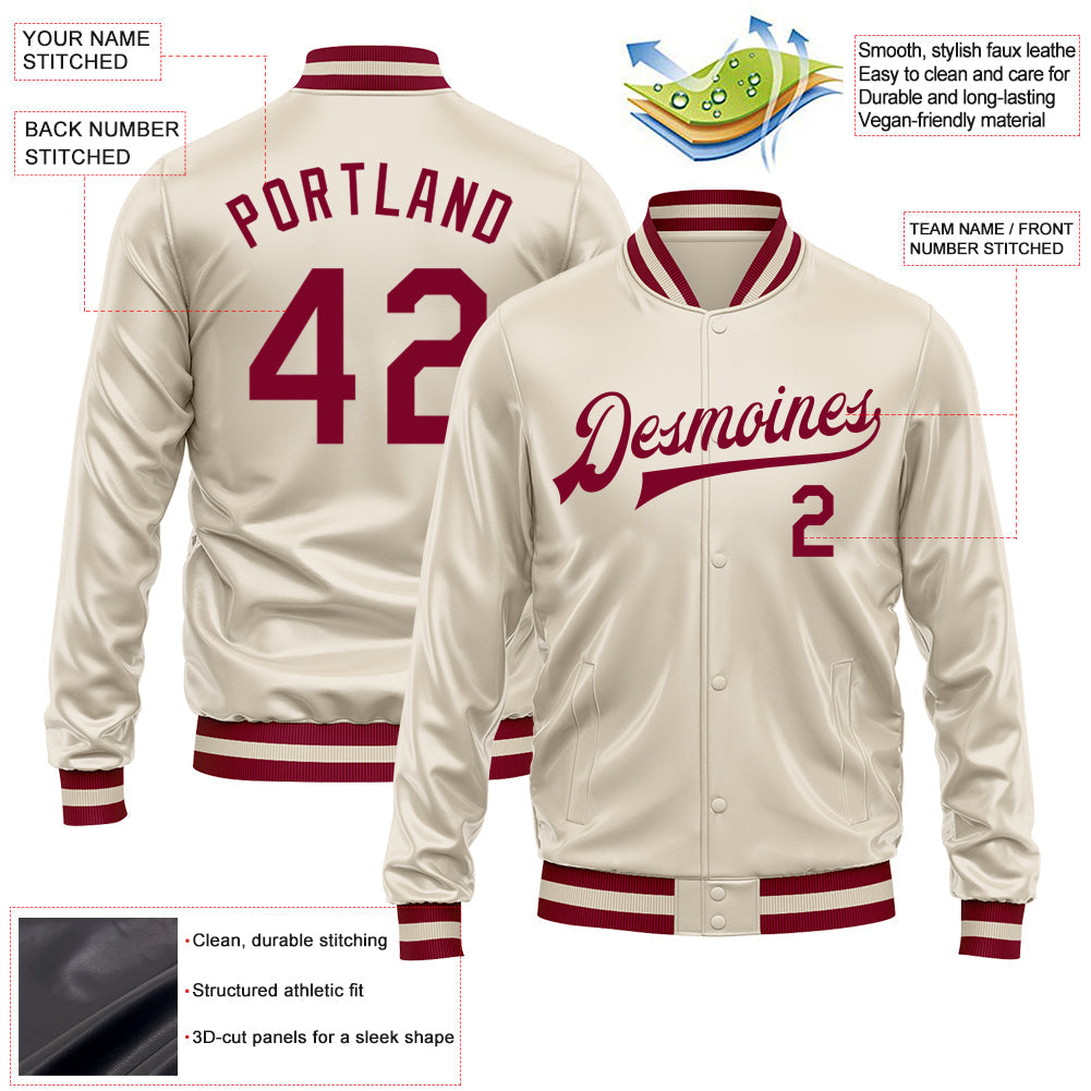 Custom Cream Maroon Bomber Full-Snap Varsity Faux Leather Letterman Jacket view 2