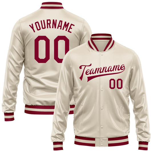 Custom Cream Maroon Bomber Full-Snap Varsity Faux Leather Letterman Jacket - Main View