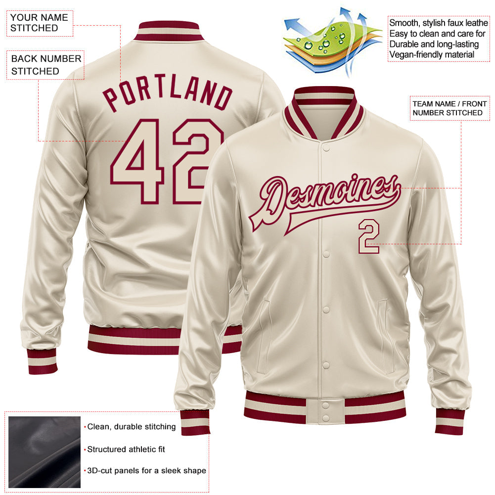 Custom Cream Cream-Maroon Bomber Full-Snap Varsity Faux Leather Letterman Jacket view 2