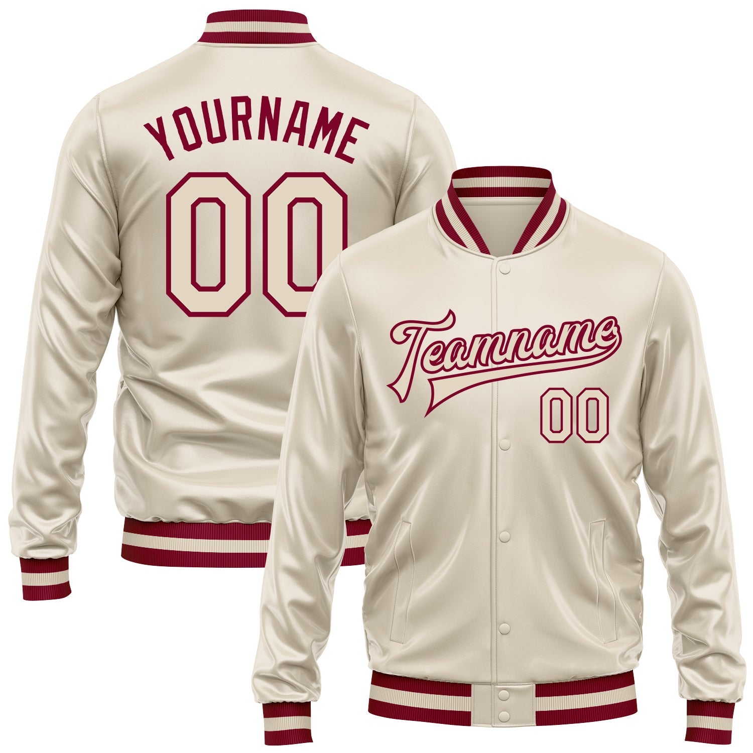 Custom Cream Cream-Maroon Bomber Full-Snap Varsity Faux Leather Letterman Jacket - Main View