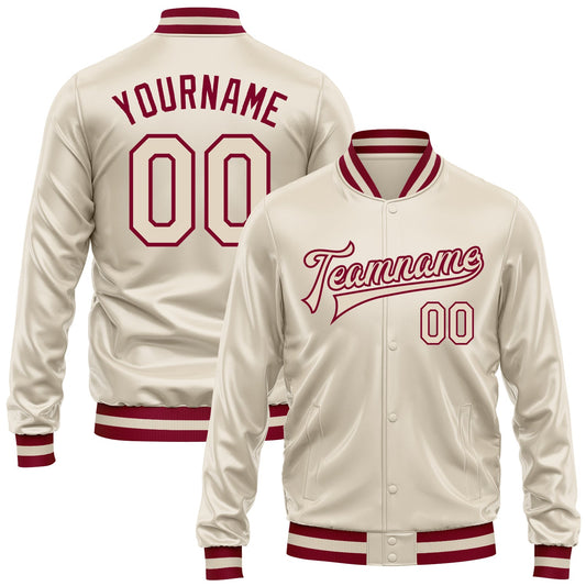 Custom Cream Cream-Maroon Bomber Full-Snap Varsity Faux Leather Letterman Jacket - Main View