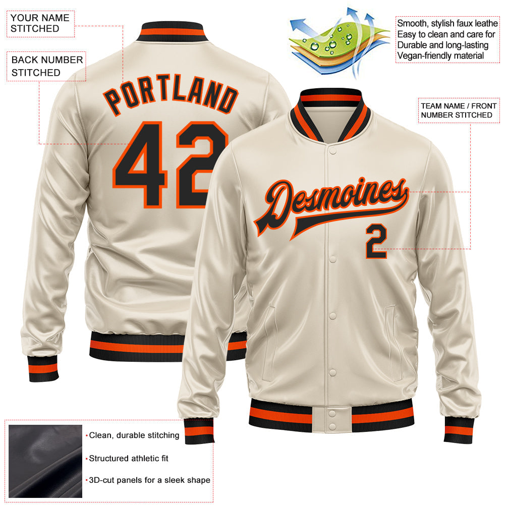 Custom Cream Black-Orange Bomber Full-Snap Varsity Faux Leather Letterman Jacket view 2