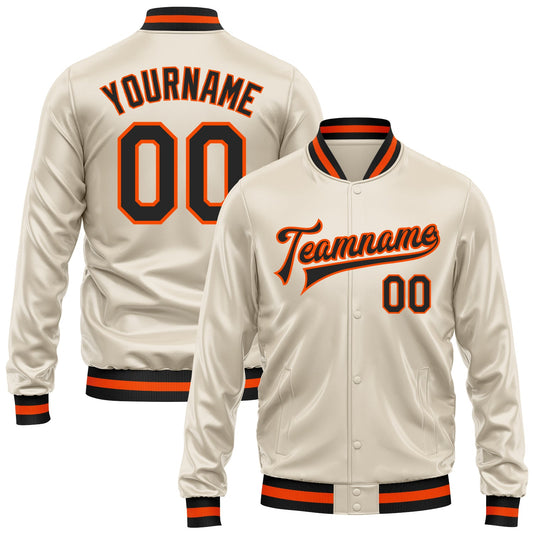 Custom Cream Black-Orange Bomber Full-Snap Varsity Faux Leather Letterman Jacket - Main View