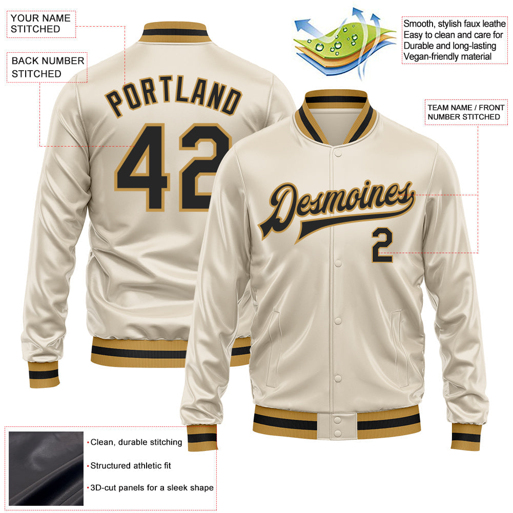 Custom Cream Black-Old Gold Bomber Full-Snap Varsity Faux Leather Letterman Jacket view 2