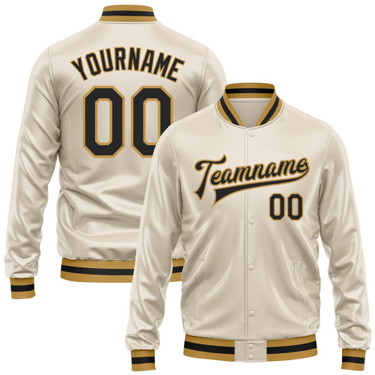 Custom Cream Black-Old Gold Bomber Full-Snap Varsity Faux Leather Letterman Jacket - Main View