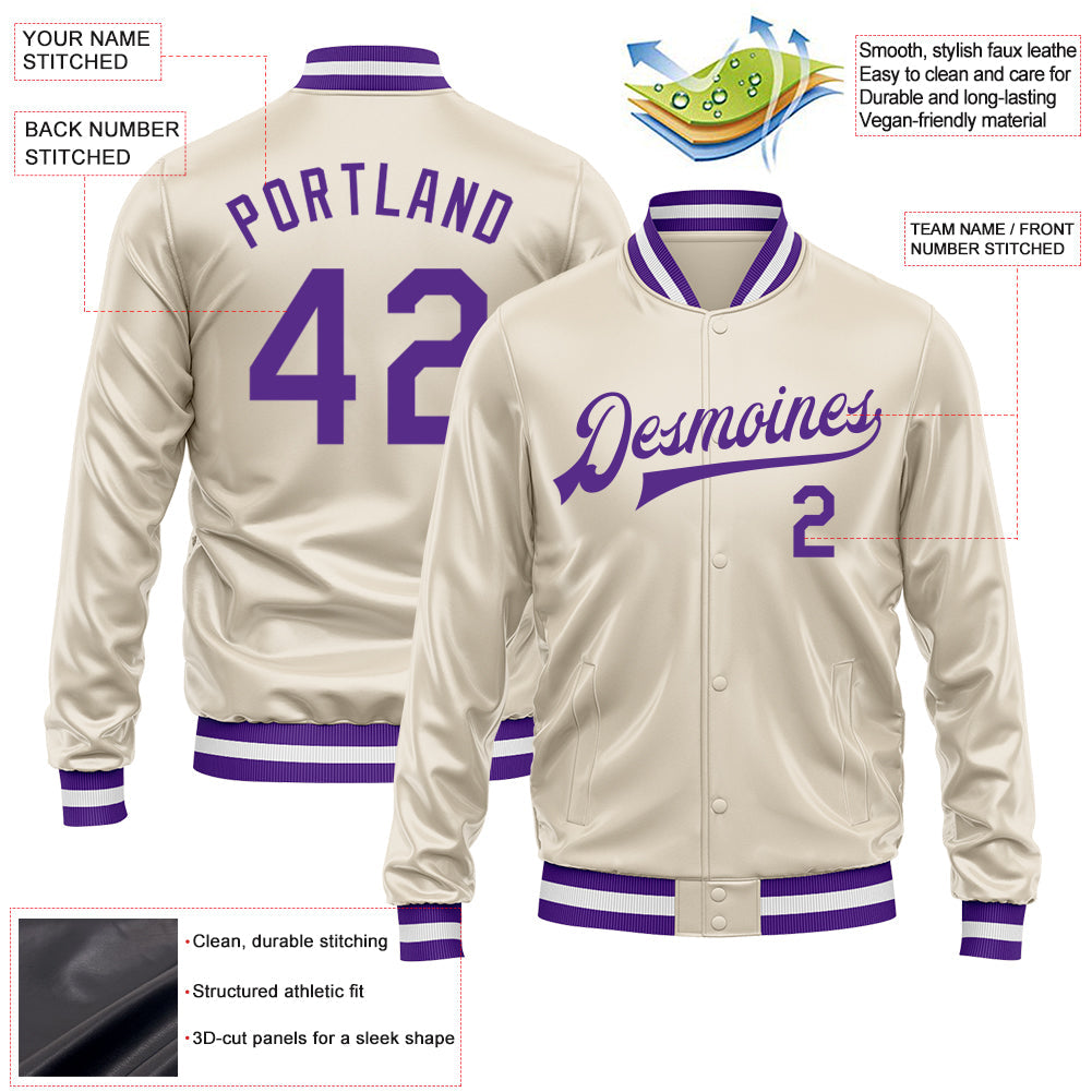 Custom Cream Purple Bomber Full-Snap Varsity Faux Leather Letterman Jacket view 2