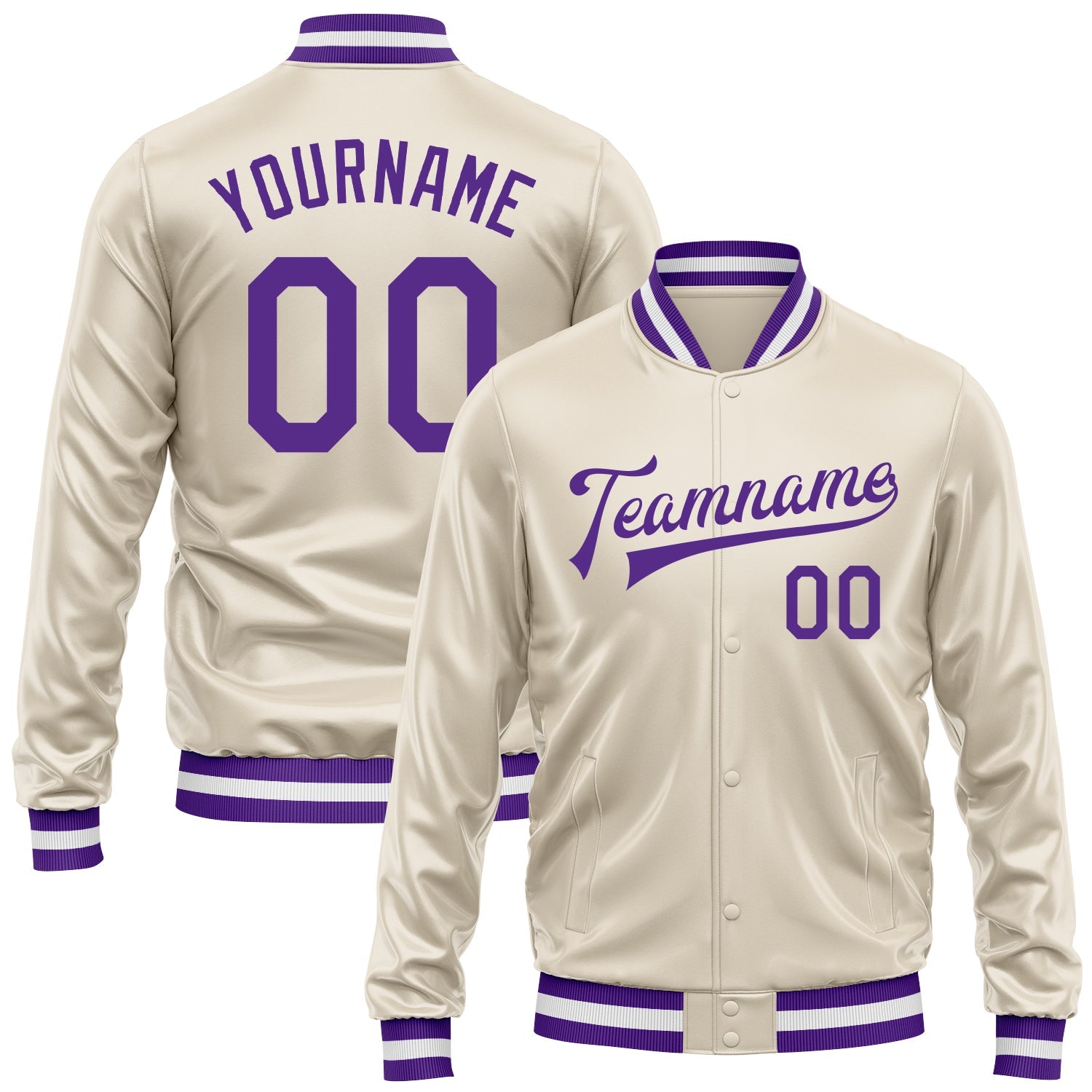 Custom Cream Purple Bomber Full-Snap Varsity Faux Leather Letterman Jacket - Main View