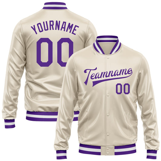 Custom Cream Purple Bomber Full-Snap Varsity Faux Leather Letterman Jacket - Main View