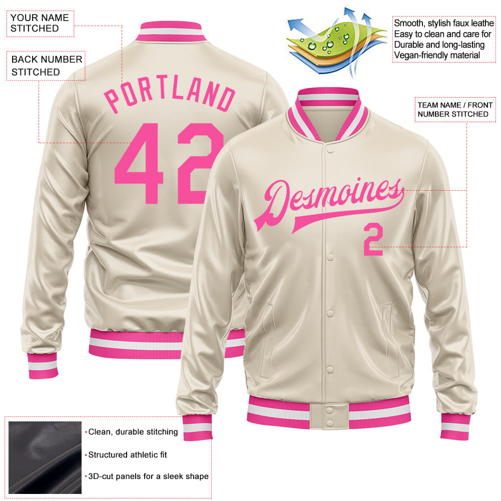 Custom Cream Pink Bomber Full-Snap Varsity Faux Leather Letterman Jacket view 2