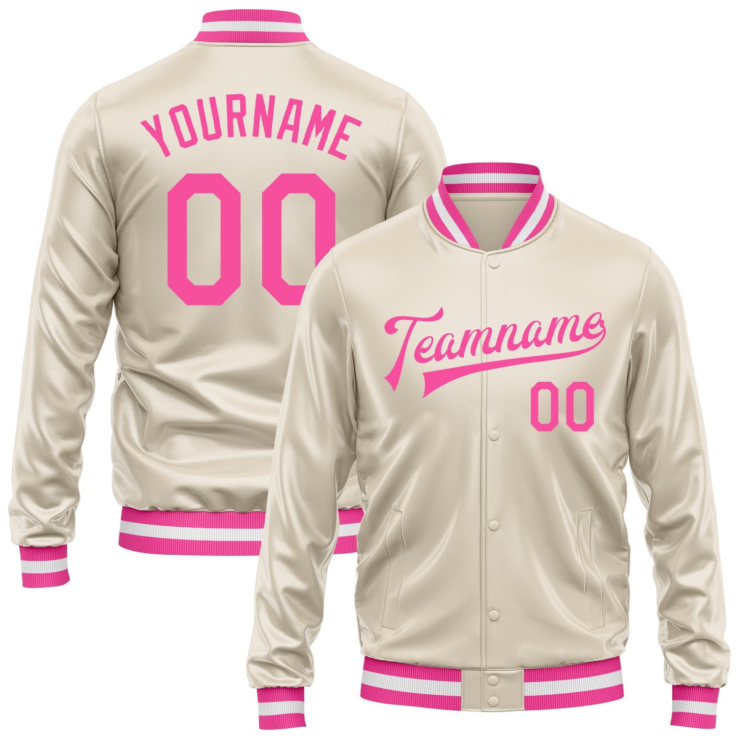 Custom Cream Pink Bomber Full-Snap Varsity Faux Leather Letterman Jacket - Main View