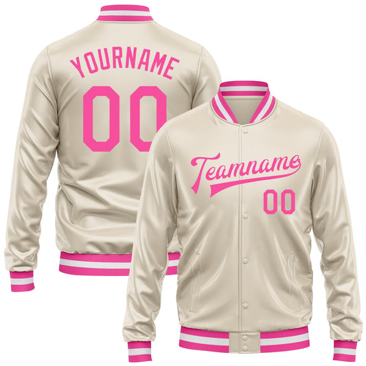 Custom Cream Pink Bomber Full-Snap Varsity Faux Leather Letterman Jacket - Main View