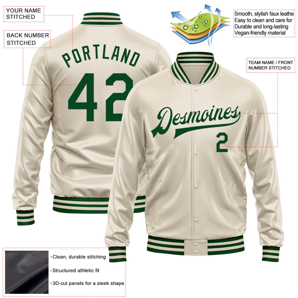 Custom Cream Green Bomber Full-Snap Varsity Faux Leather Letterman Jacket view 2