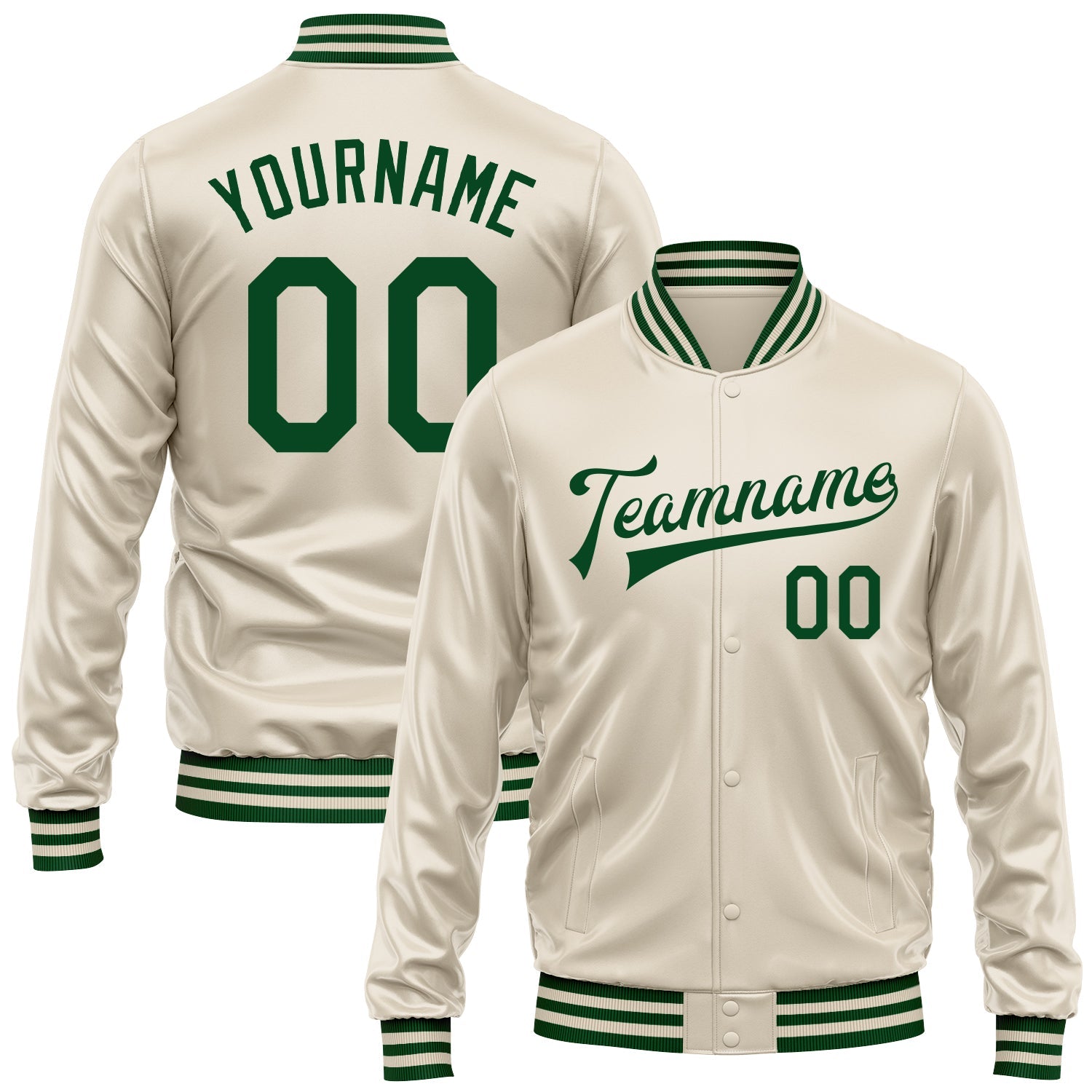 Custom Cream Green Bomber Full-Snap Varsity Faux Leather Letterman Jacket - Main View
