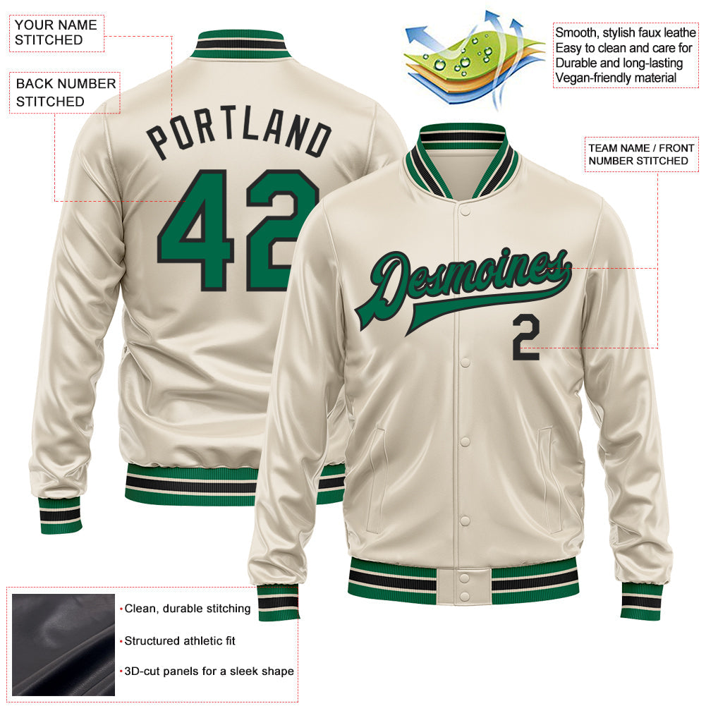 Custom Cream Kelly Green-Black Bomber Full-Snap Varsity Faux Leather Letterman Jacket view 2