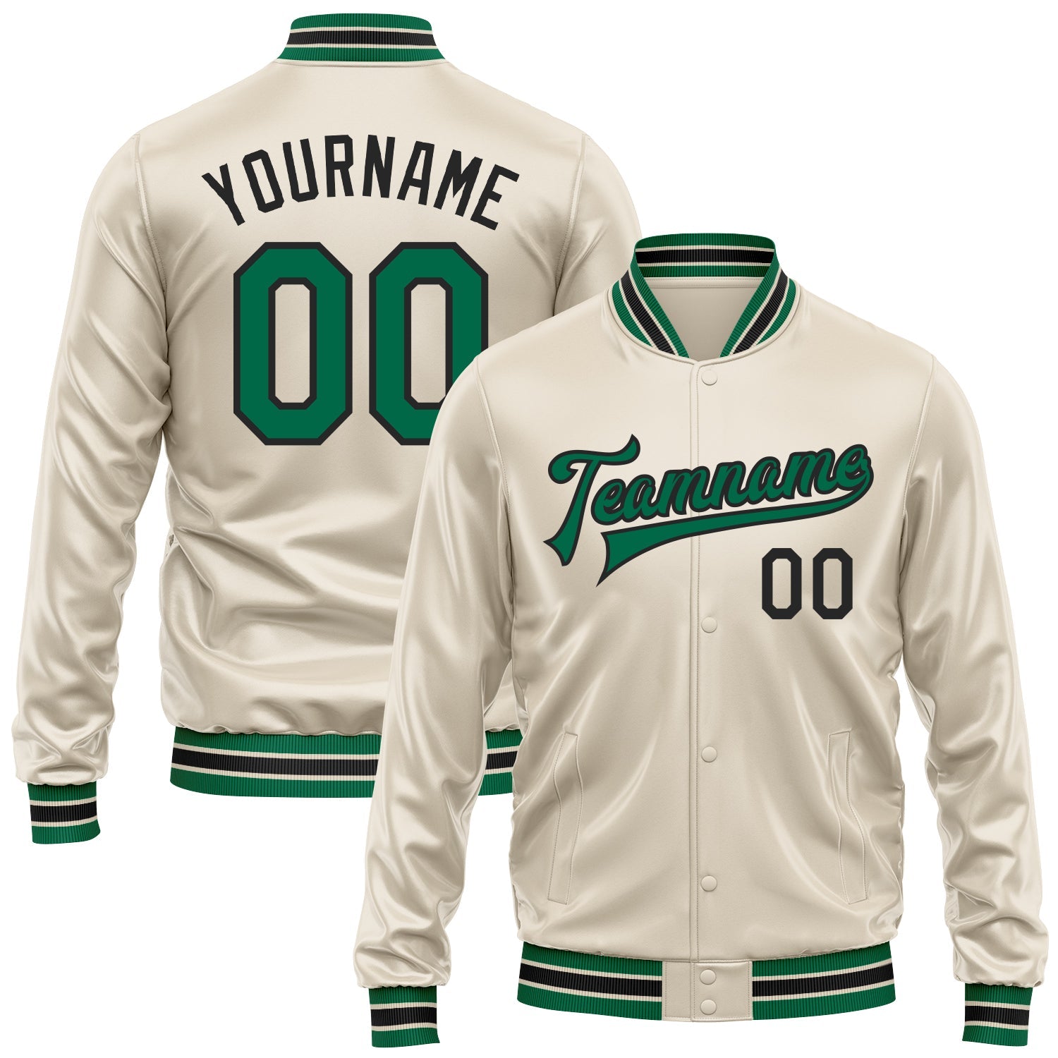 Custom Cream Kelly Green-Black Bomber Full-Snap Varsity Faux Leather Letterman Jacket - Main View