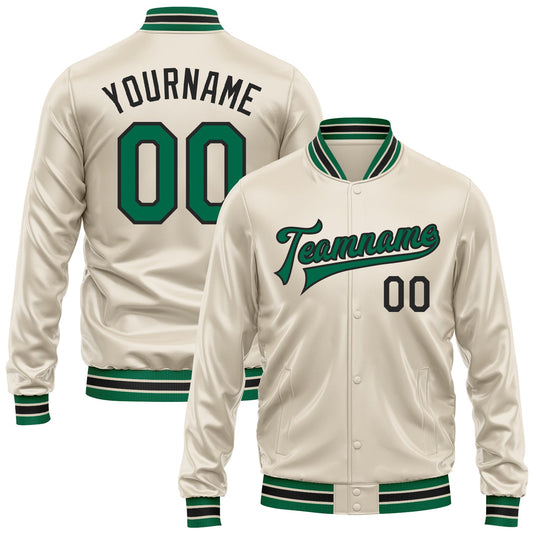 Custom Cream Kelly Green-Black Bomber Full-Snap Varsity Faux Leather Letterman Jacket - Main View