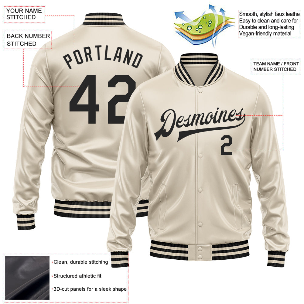 Custom Cream Black Bomber Full-Snap Varsity Faux Leather Letterman Jacket view 2