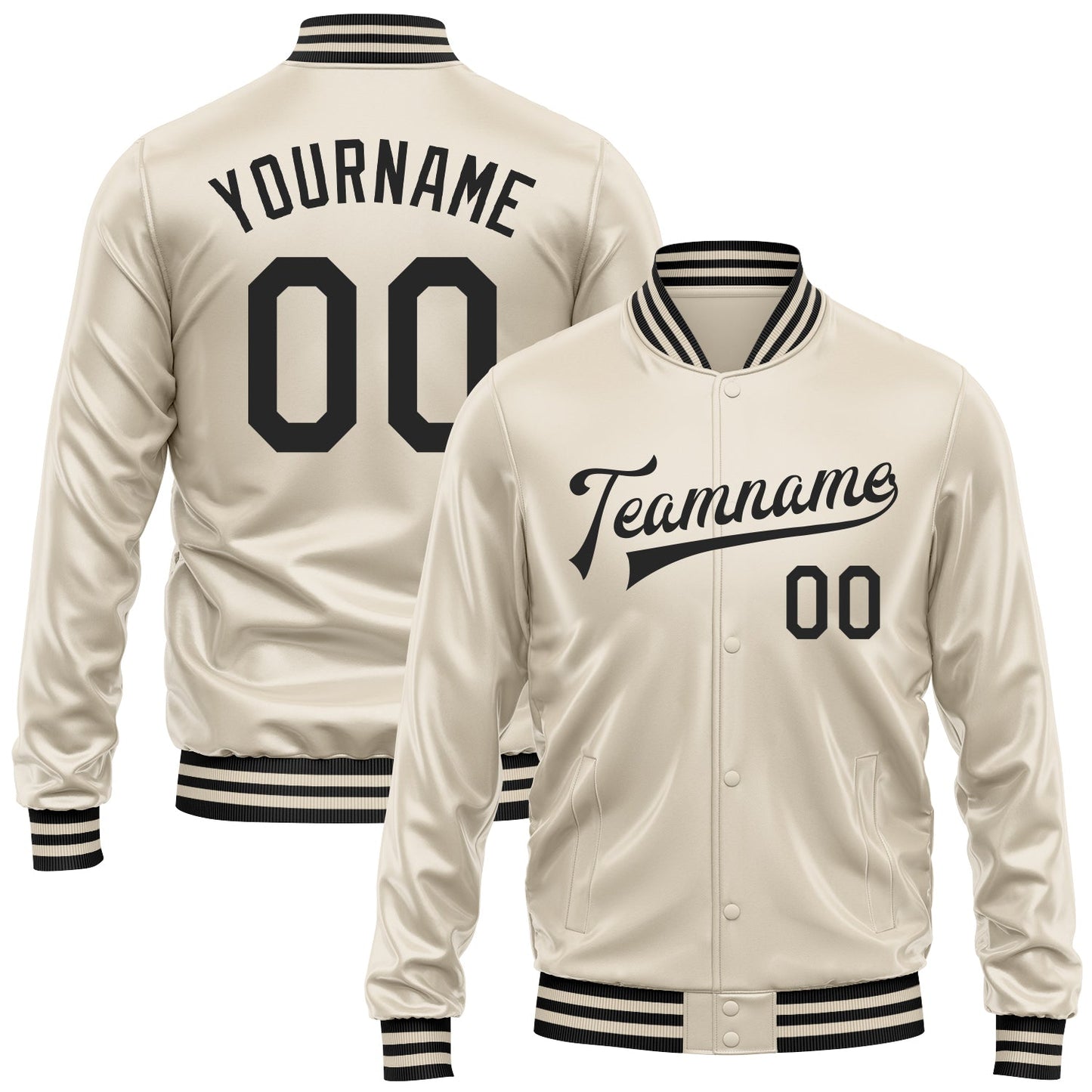 Custom Cream Black Bomber Full-Snap Varsity Faux Leather Letterman Jacket - Main View