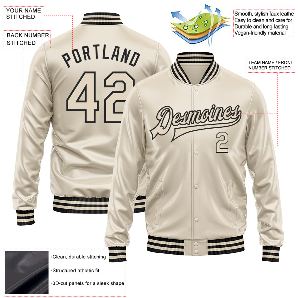 Custom Cream Cream-Black Bomber Full-Snap Varsity Faux Leather Letterman Jacket view 2